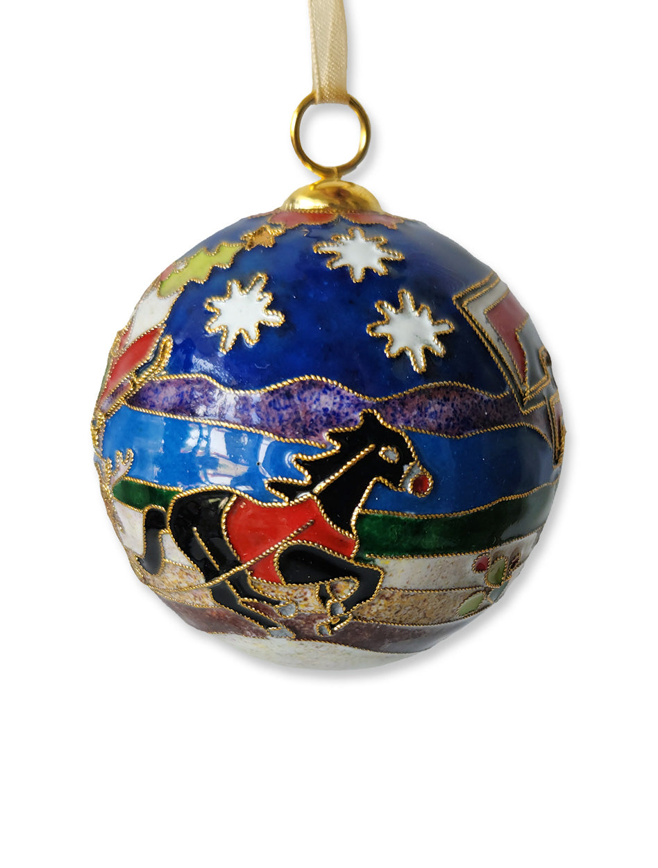 Kitty Keller Texas Tech Double T "Santa Pulled by Red Nose Horse" Handcrafted Cloisonne Ornament