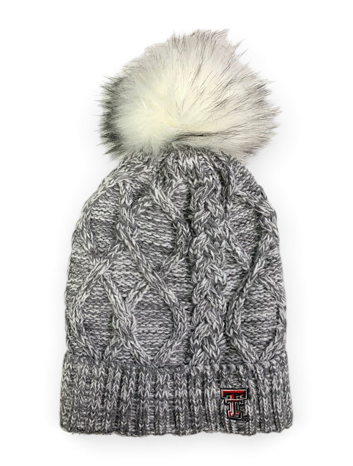ZooZatz Texas Tech Red Raiders Mini Double T "Marled" Heather Grey Pom Beanie – Front view