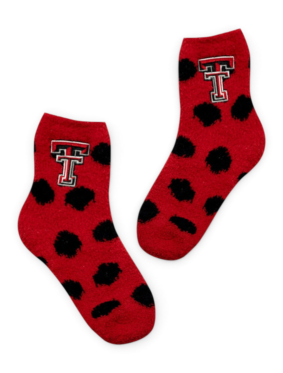 ZooZatz Texas Tech Red Raiders Texas Tech Double T on Polka Dot Fuzzy YOUTH Socks – Front view