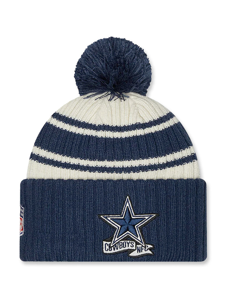 Youth New Era White/Navy Dallas Cowboys 2023 Sideline Tech Cuffed Knit Hat