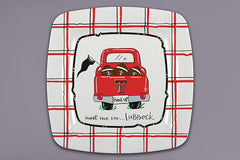 Texas Tech Red Raiders square melamine plate with a red plaid border and a vintage red pickup truck loaded with footballs above meet me in Lubbock script