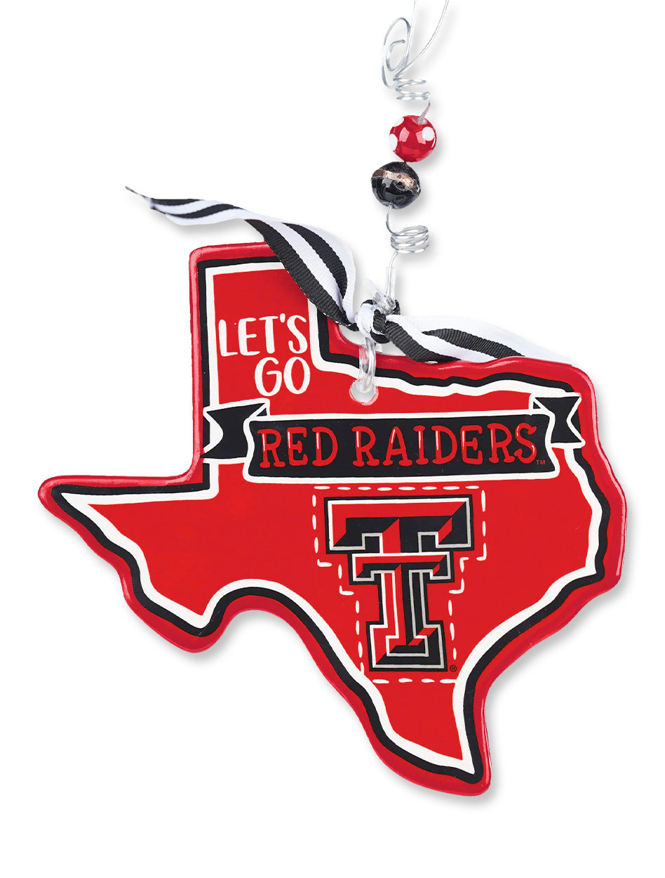 Texas Tech "Let's Go Red Raiders" Flat State of Texas Ceramic Ornament