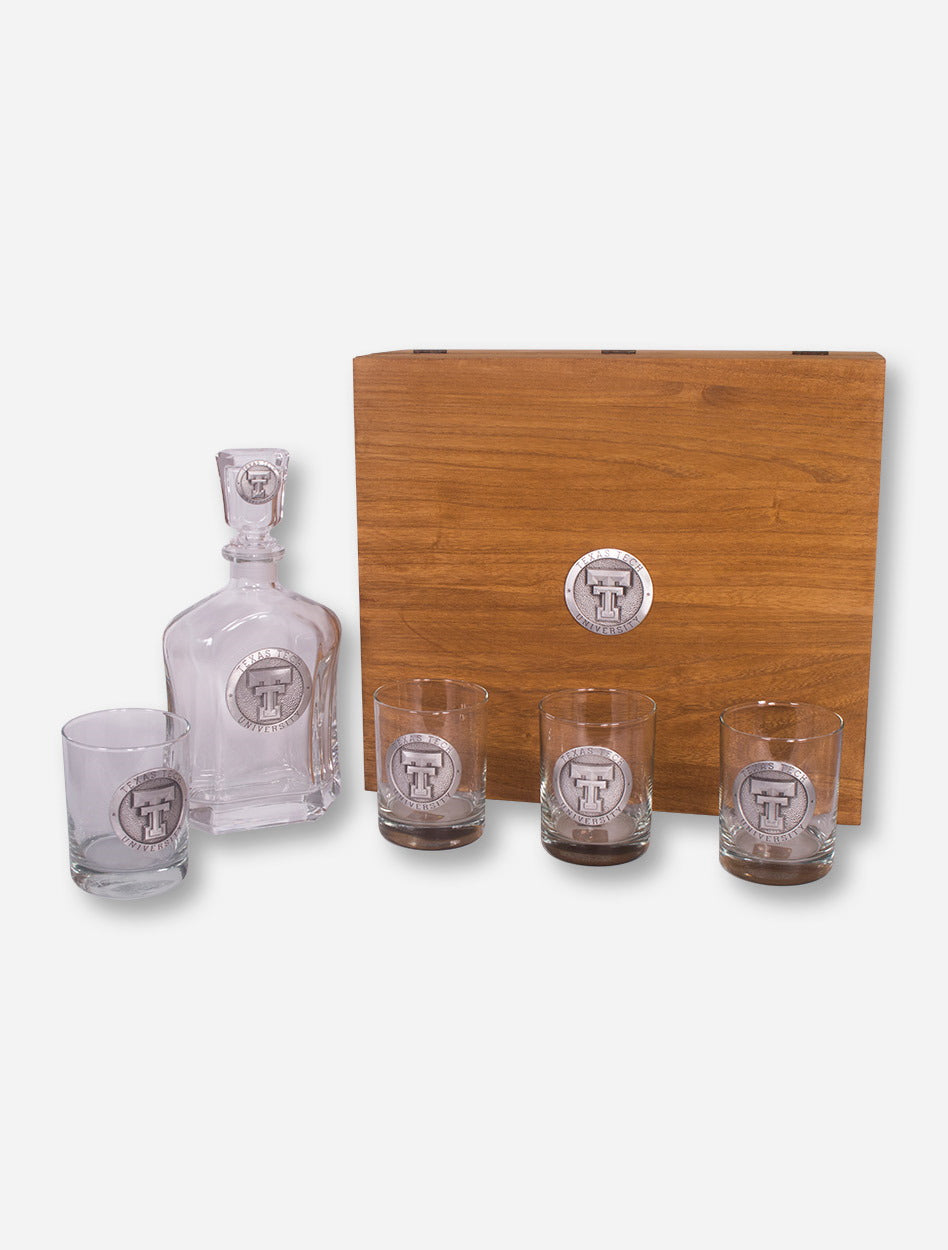 Heritage Pewter Texas Tech Emblem Liquor Decanter and Glasses in Wooden Gift Box