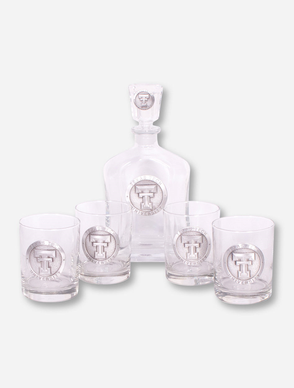 Texas Tech Heritage Pewter Emblem Decanter and Glasses in Vintage Wood Chest