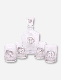 Texas Tech Heritage Pewter Emblem Decanter and Glasses in Vintage Wood Chest