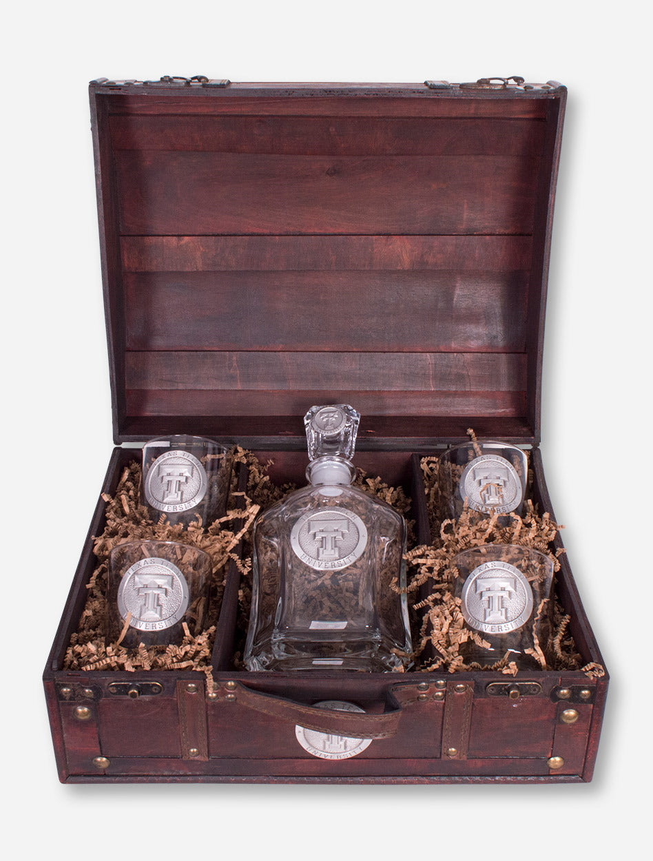 Texas Tech Heritage Pewter Emblem Decanter and Glasses in Vintage Wood Chest