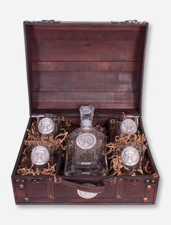 Texas Tech Heritage Pewter Emblem Decanter and Glasses in Vintage Wood Chest
