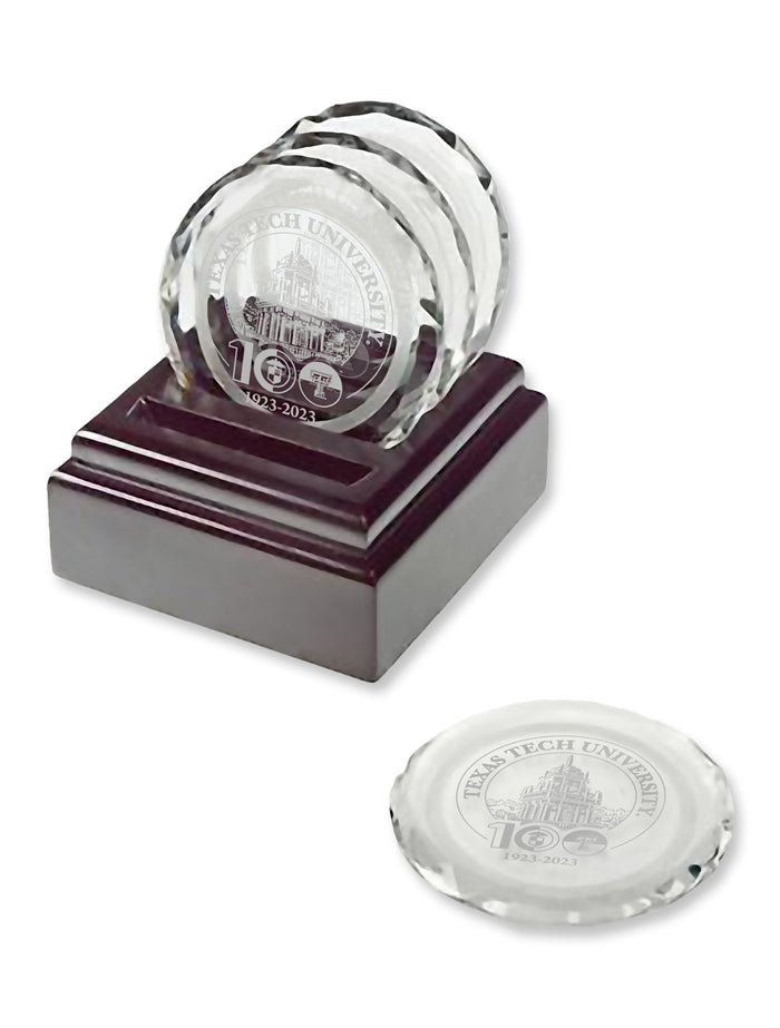 Texas Tech "100th Anniversary" Set of 4 Crystal Coasters in a Wood Base