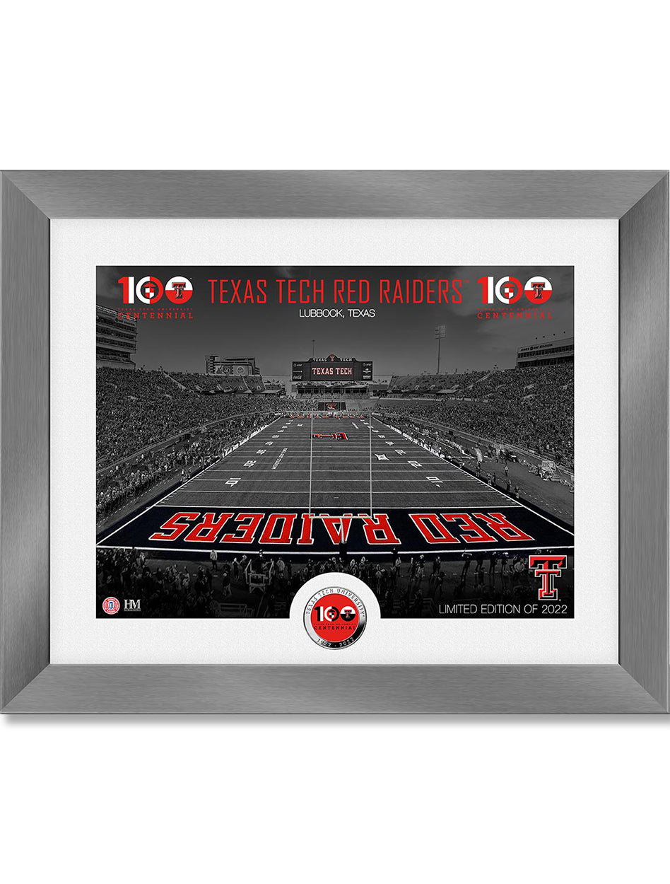 Texas Tech 100th Anniversary Framed Photo of the Football Field with Challenge Coin Embedded in the Mat