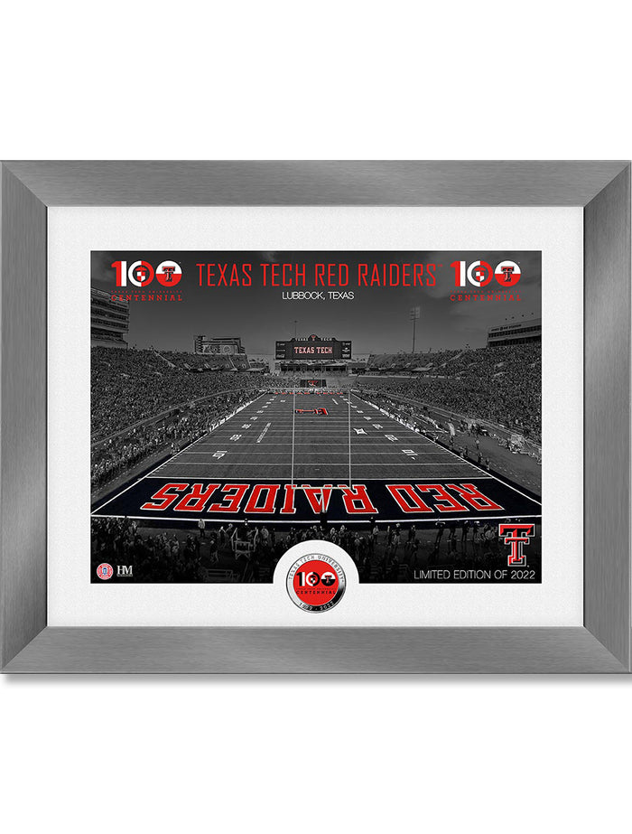 Texas Tech 100th Anniversary Framed Photo of the Football Field with Challenge Coin Embedded in the Mat