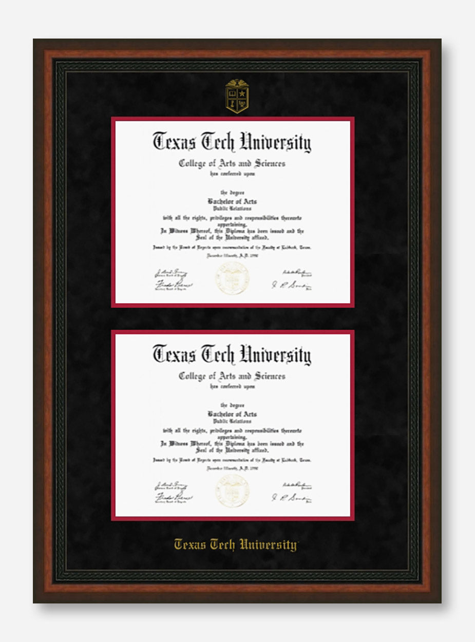 Texas Tech Mahogany Rope Black Suede Double Mat Diploma Frame T18