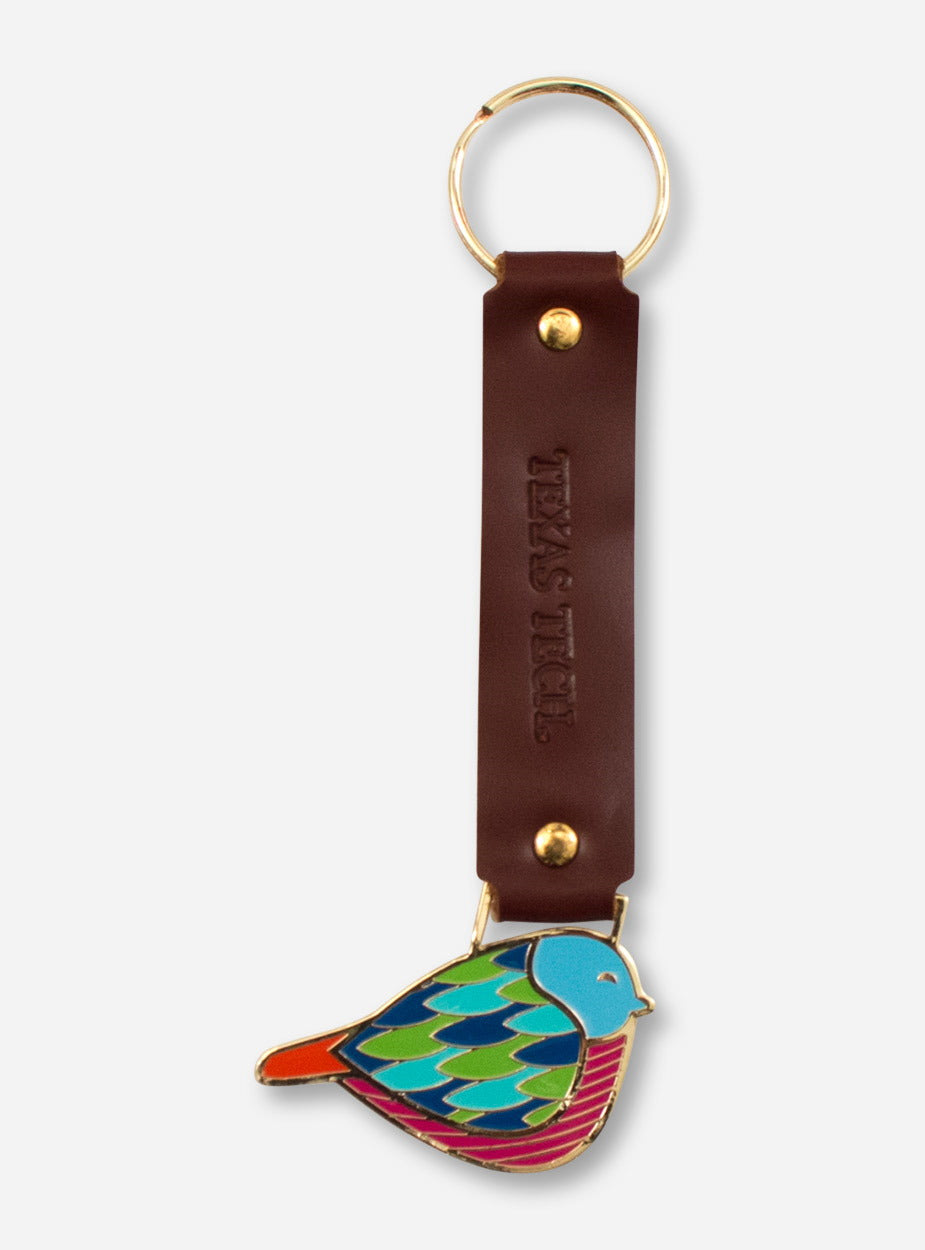 Texas Tech Bird Charm on Brown Leather Strap Keychain
