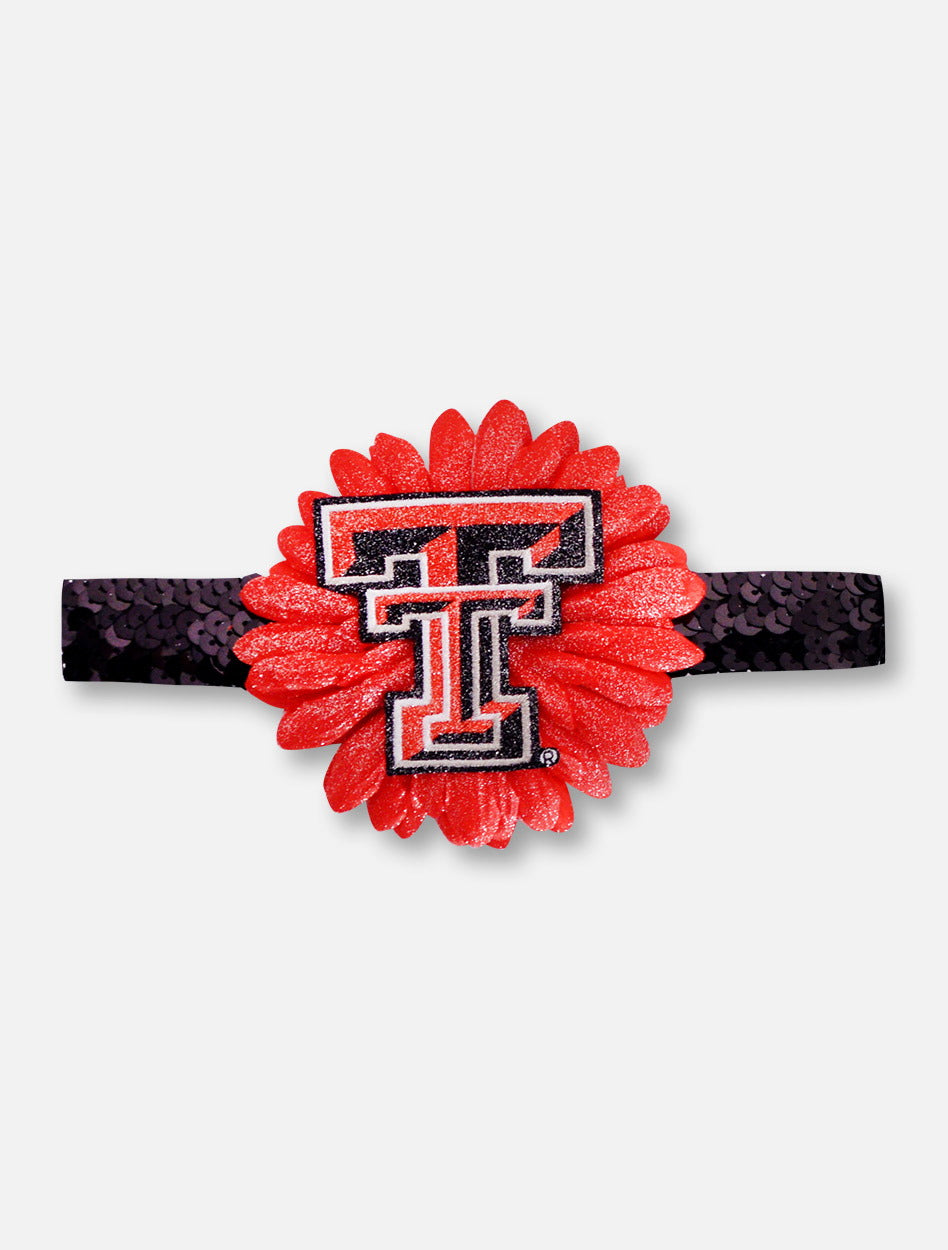 Texas Tech Glitter Double T on Black Flower on Red Sequin Headband