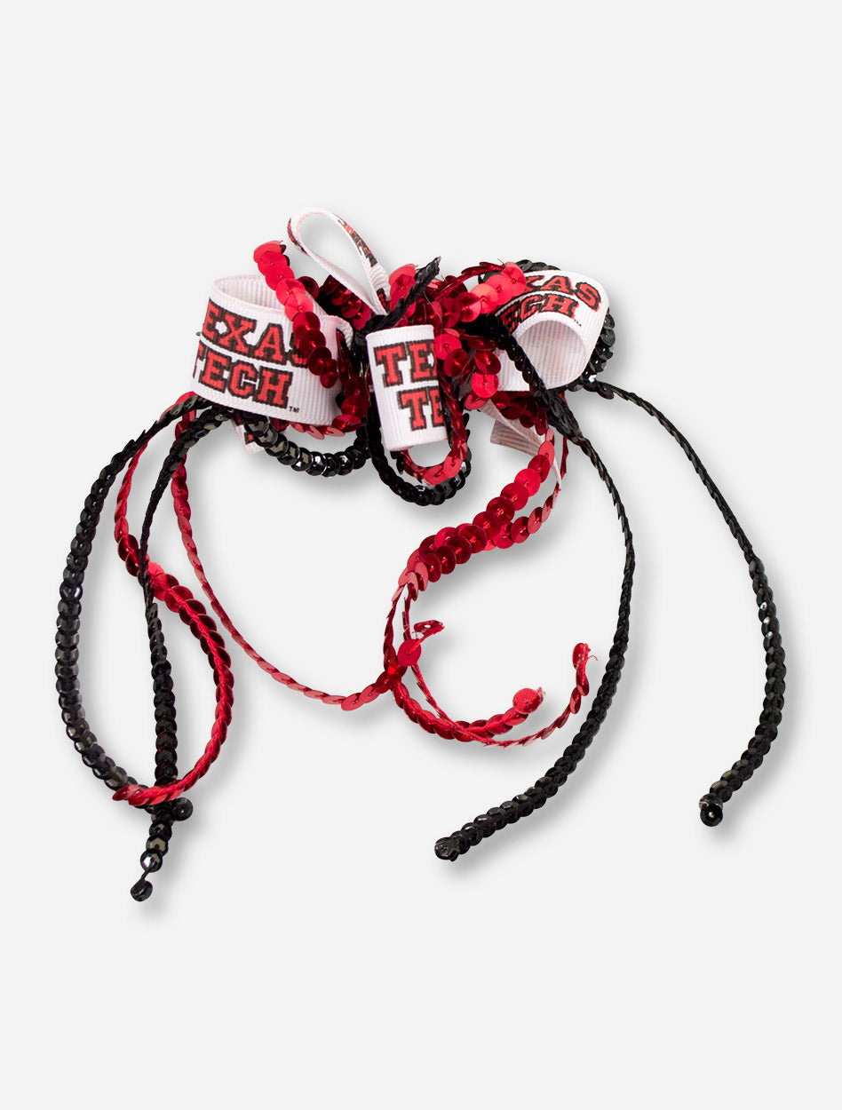 Double T & Texas Tech White Bow with Red & Black Sequin Ribbons