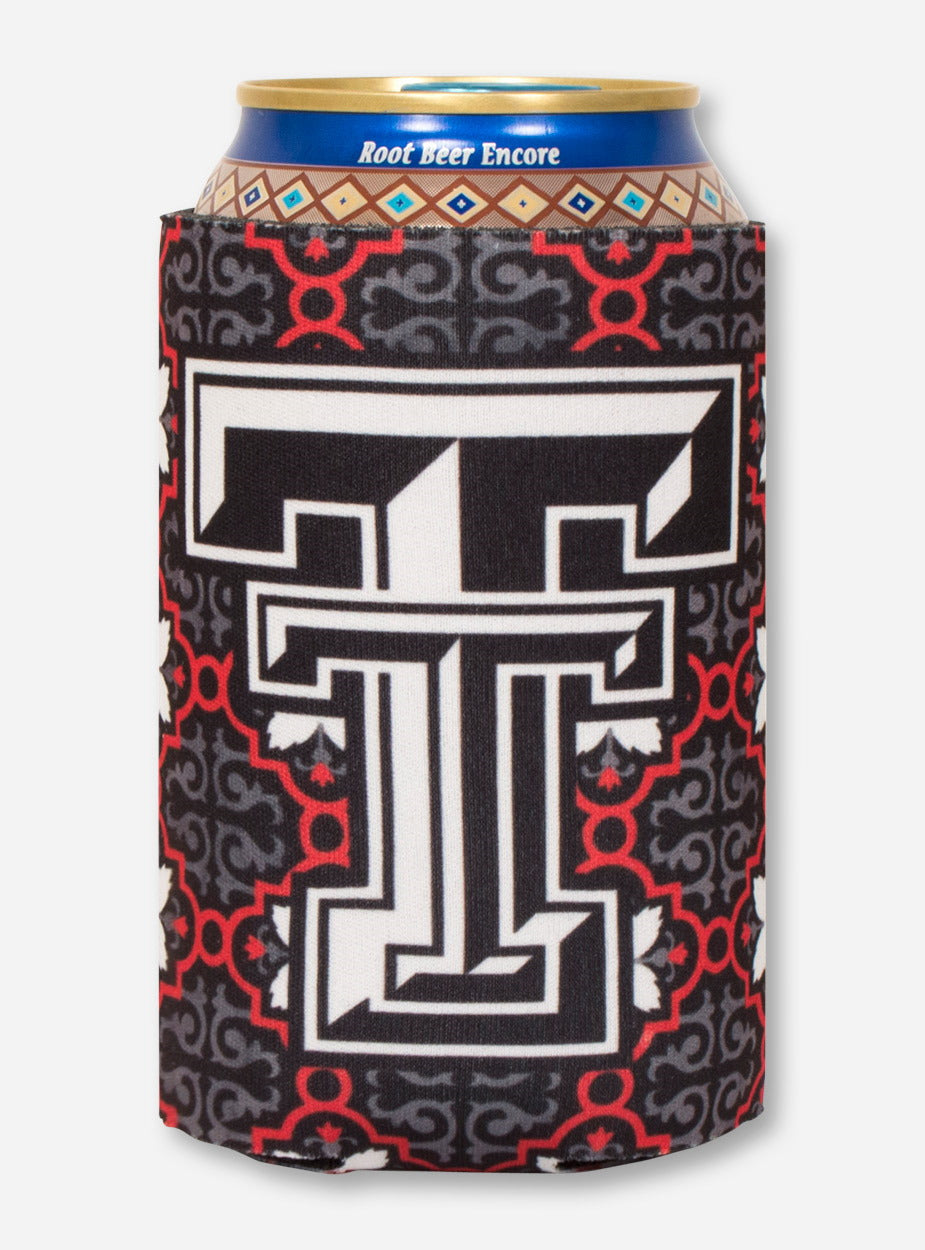 Double T on Red & Charcoal Morocco Pattern Can Cooler- Texas Tech