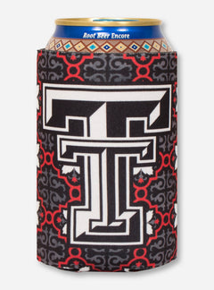 Double T on Red & Charcoal Morocco Pattern Can Cooler- Texas Tech