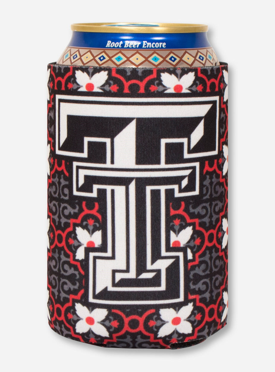 Double T on Red & Charcoal Morocco Pattern Can Cooler- Texas Tech