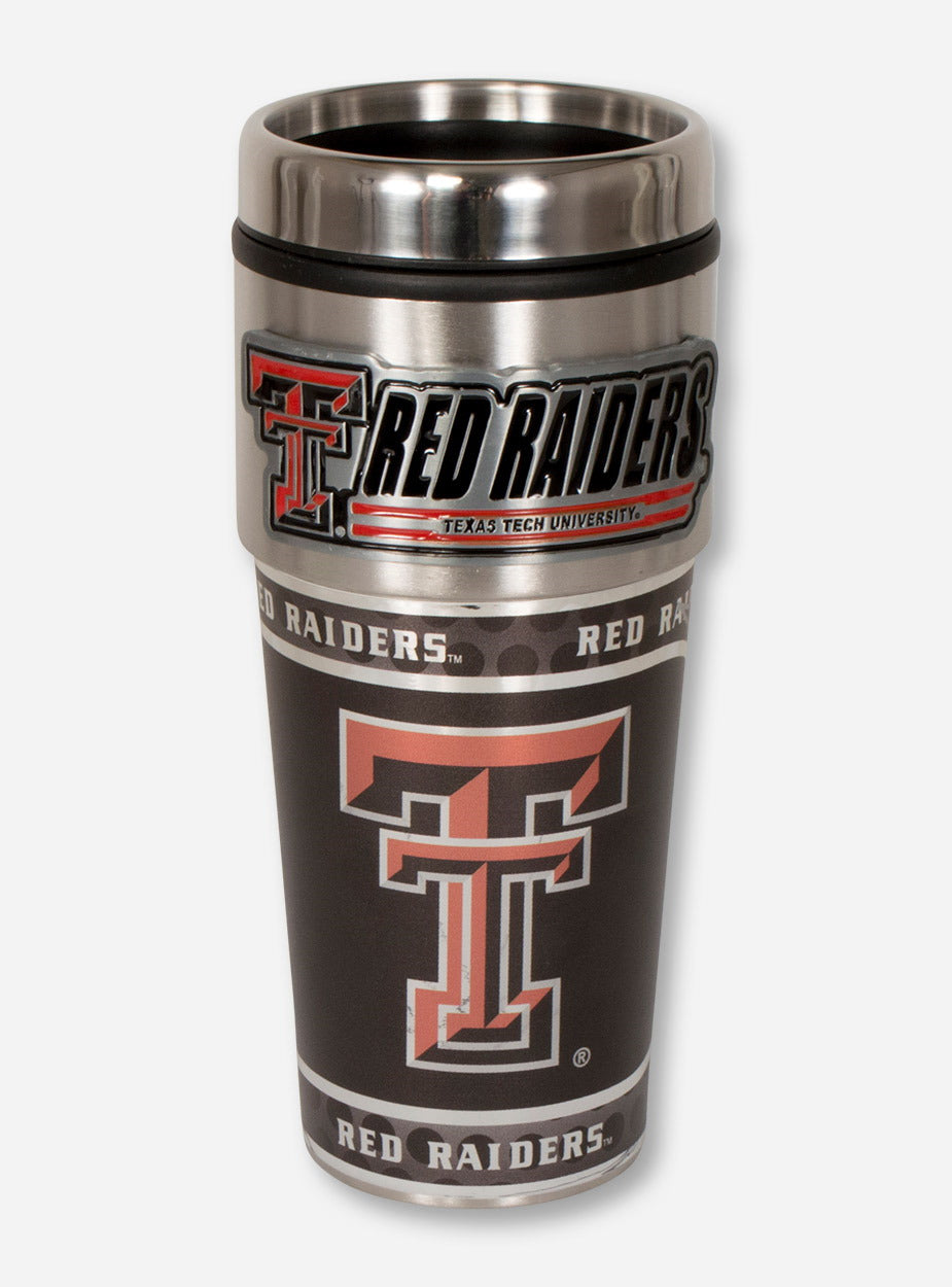Texas Tech Metallic Masked Rider, Double T Pattern & Metal Emblem Travel Mug