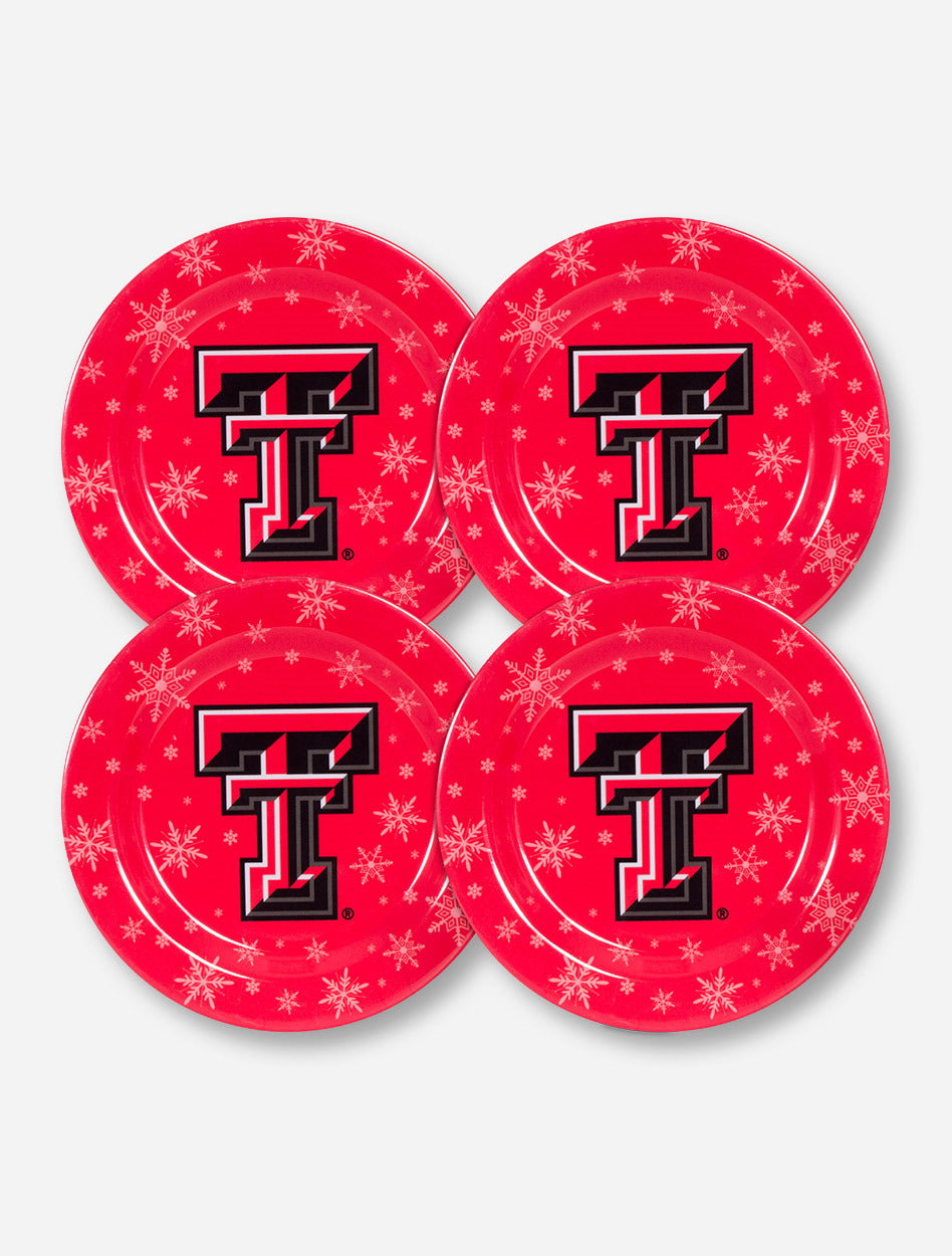 Set of 4 Texas Tech Double T with Snowflakes on Red Plates