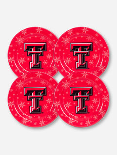 Set of 4 Texas Tech Double T with Snowflakes on Red Plates