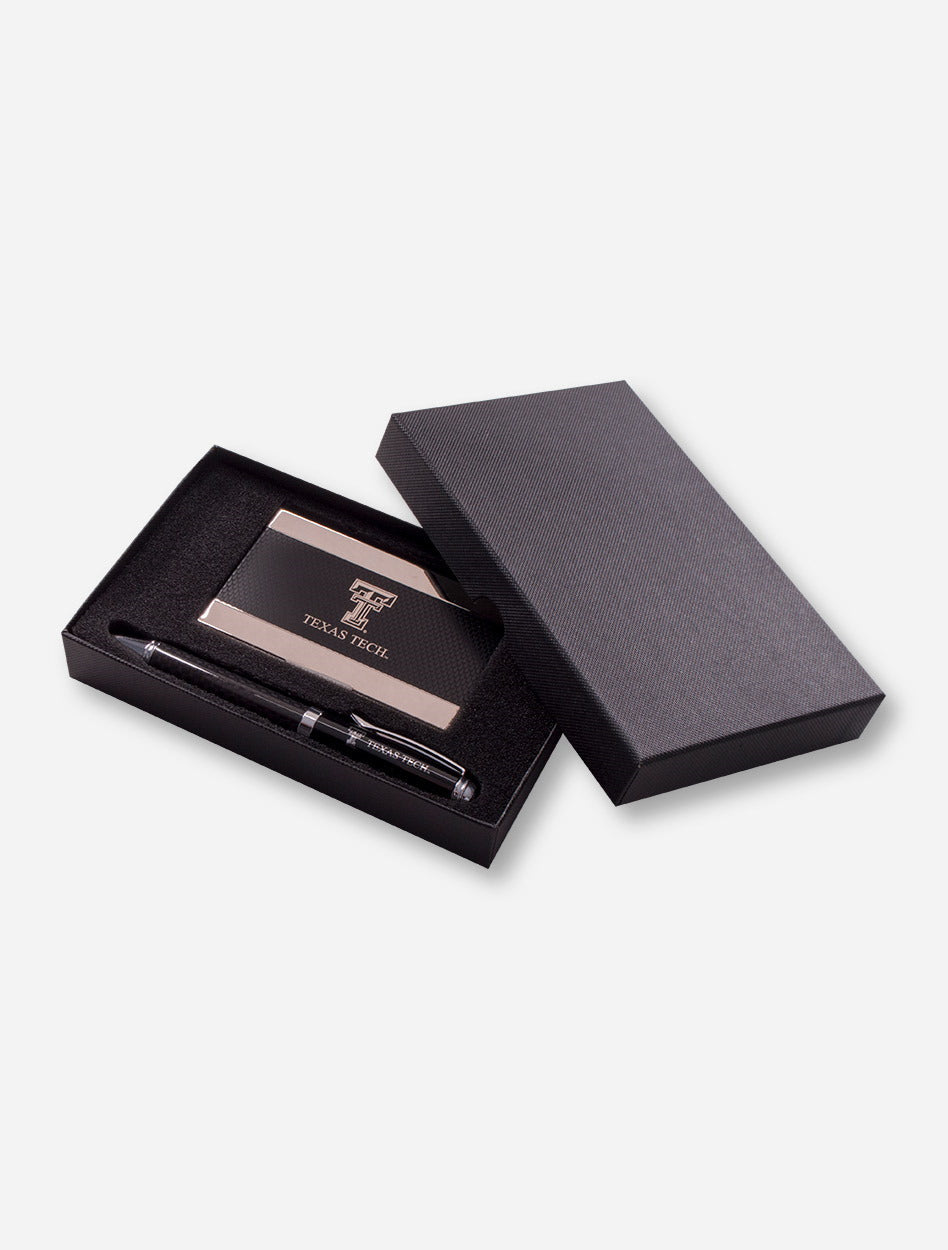 Texas Tech Carbon Fiber Business Card Case and Pen Set