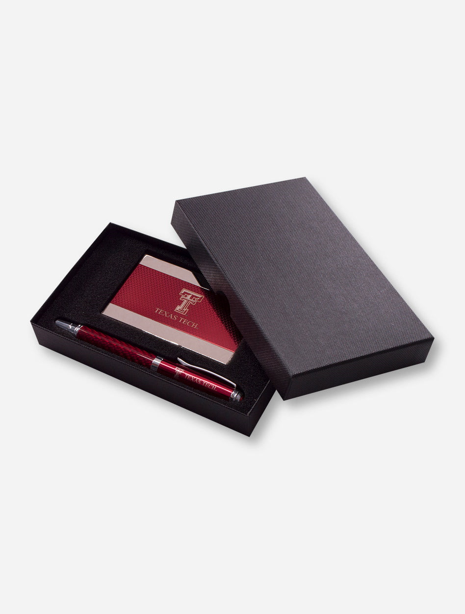 Texas Tech Carbon Fiber Business Card Case and Pen Set