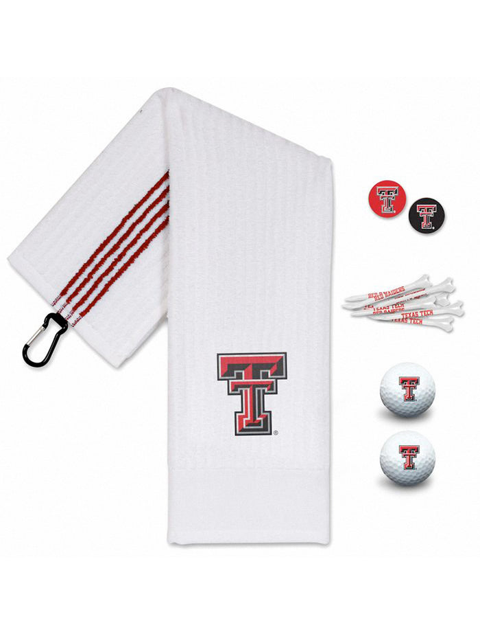 Texas Tech Red Raiders golf gift set with a white tri-fold towel with red stripes and Double T, two Double T golf balls, printed tees, and red and black ball markers
