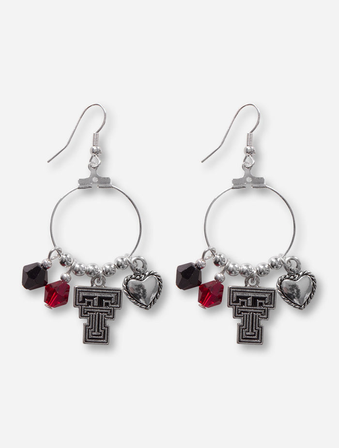 Texas Tech Double T, Heart & Crystal Charm Silver Hoop Earrings