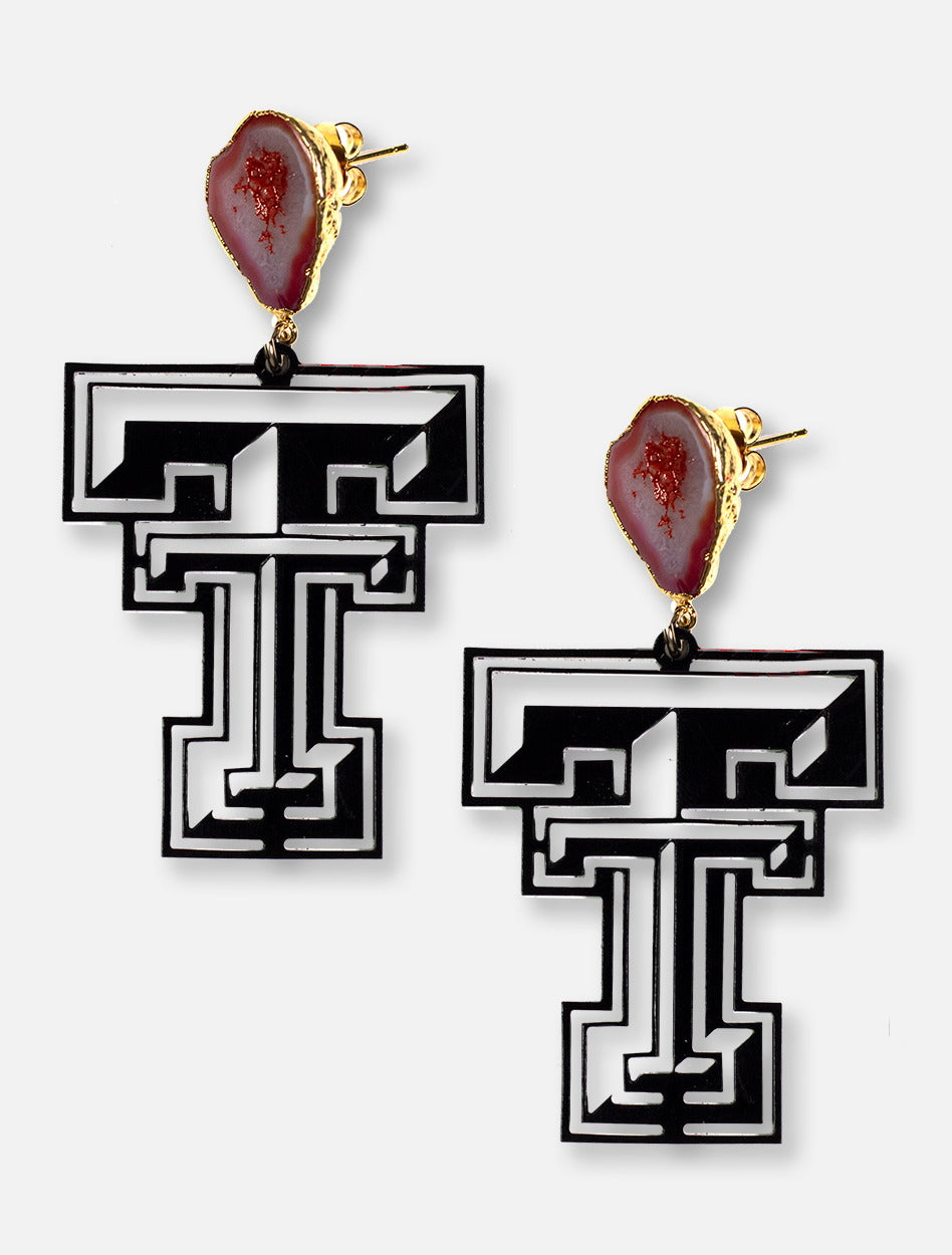 TeamRLN Texas Tech Red Raiders Onyx Double T With 24K Gold Hand-Painted Backing Inset With Red Geodes Post Earrings