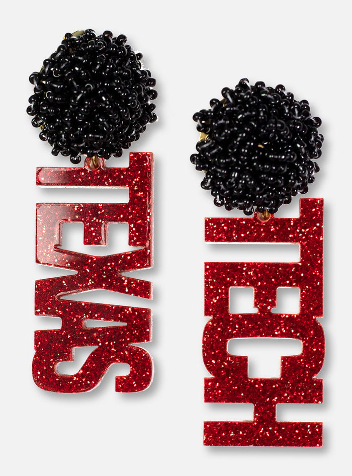 TeamRLN Texas Tech Red Raiders Red Glitter Texas Tech on Black Beaded Post Earrings