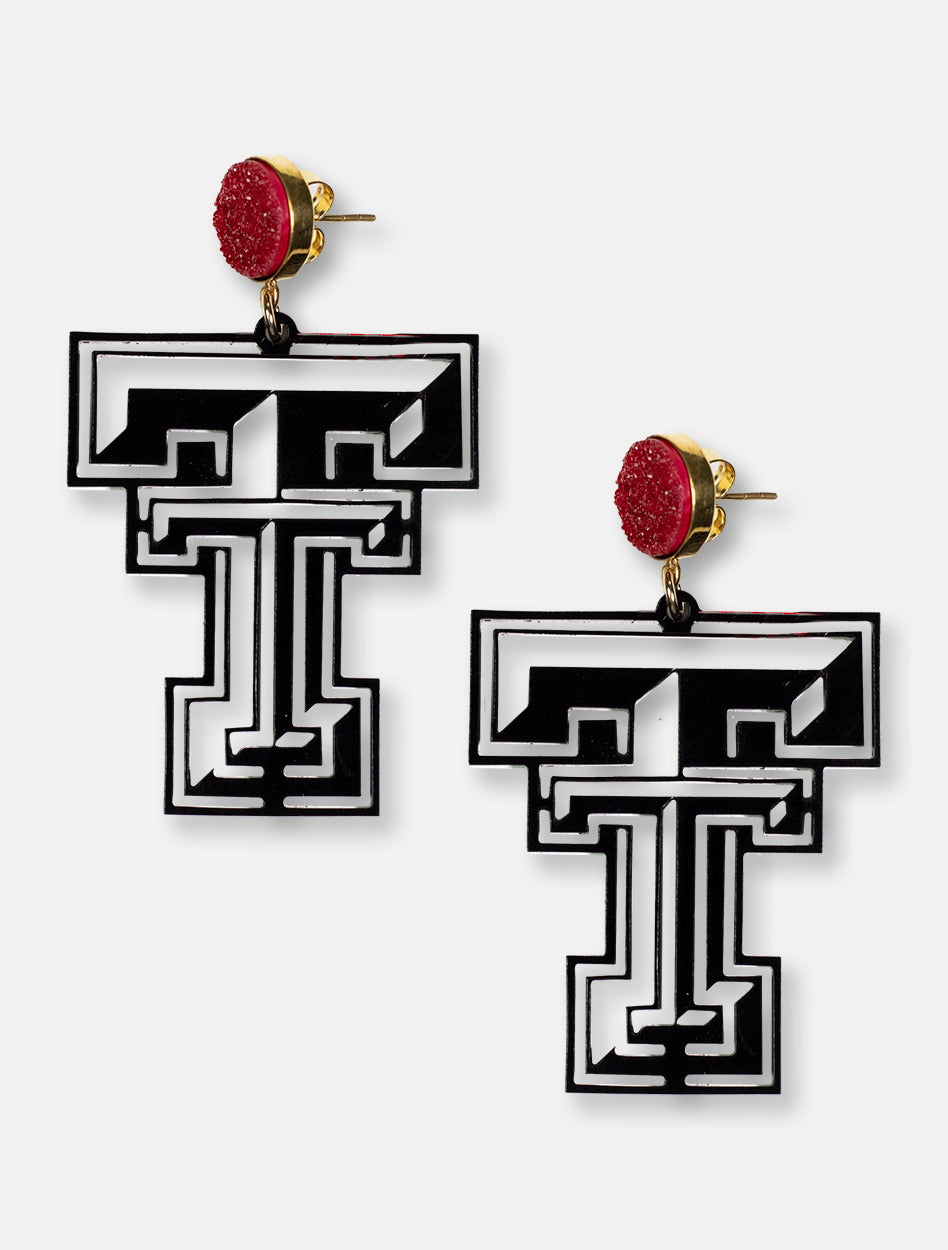 TeamRLN Texas Tech Red Raiders Raider Double T on 18K Gold Plated Setting Red Druzy Earrings