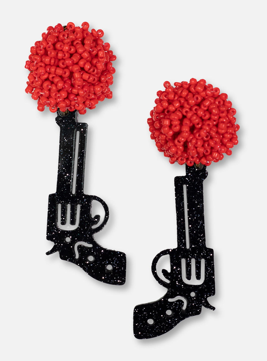 TeamRLN Texas Tech Red Raiders Black Glitter Guns Up Pistol on Red Beaded Post Earrings