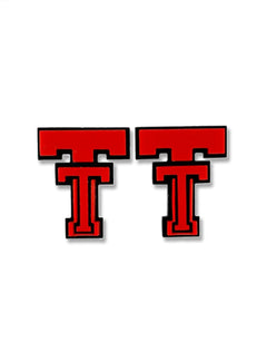 Pair of Texas Tech vintage Double T stud earrings in glossy red acrylic with a black outline