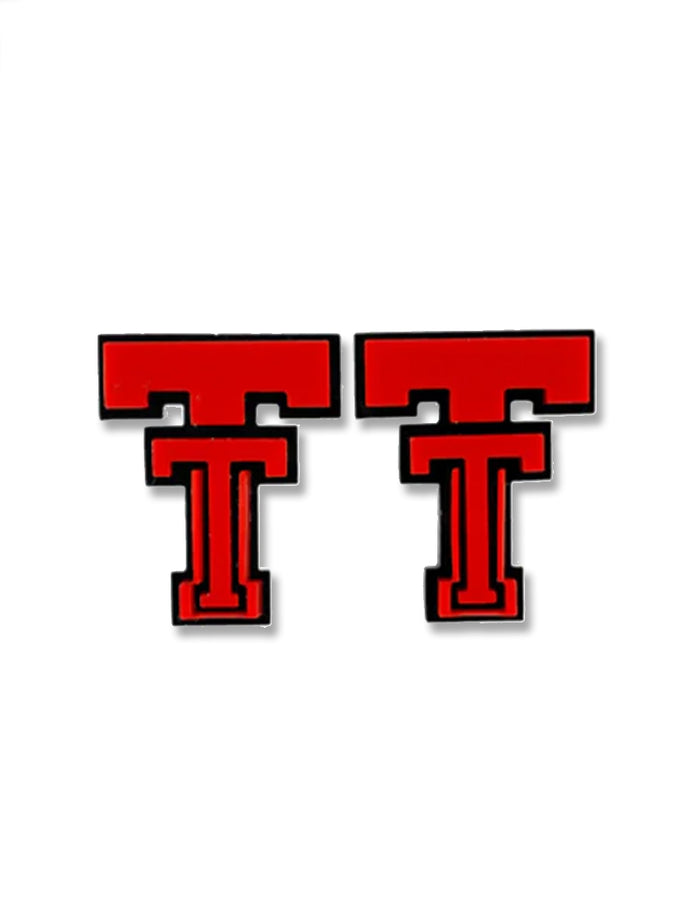 Pair of Texas Tech vintage Double T stud earrings in glossy red acrylic with a black outline
