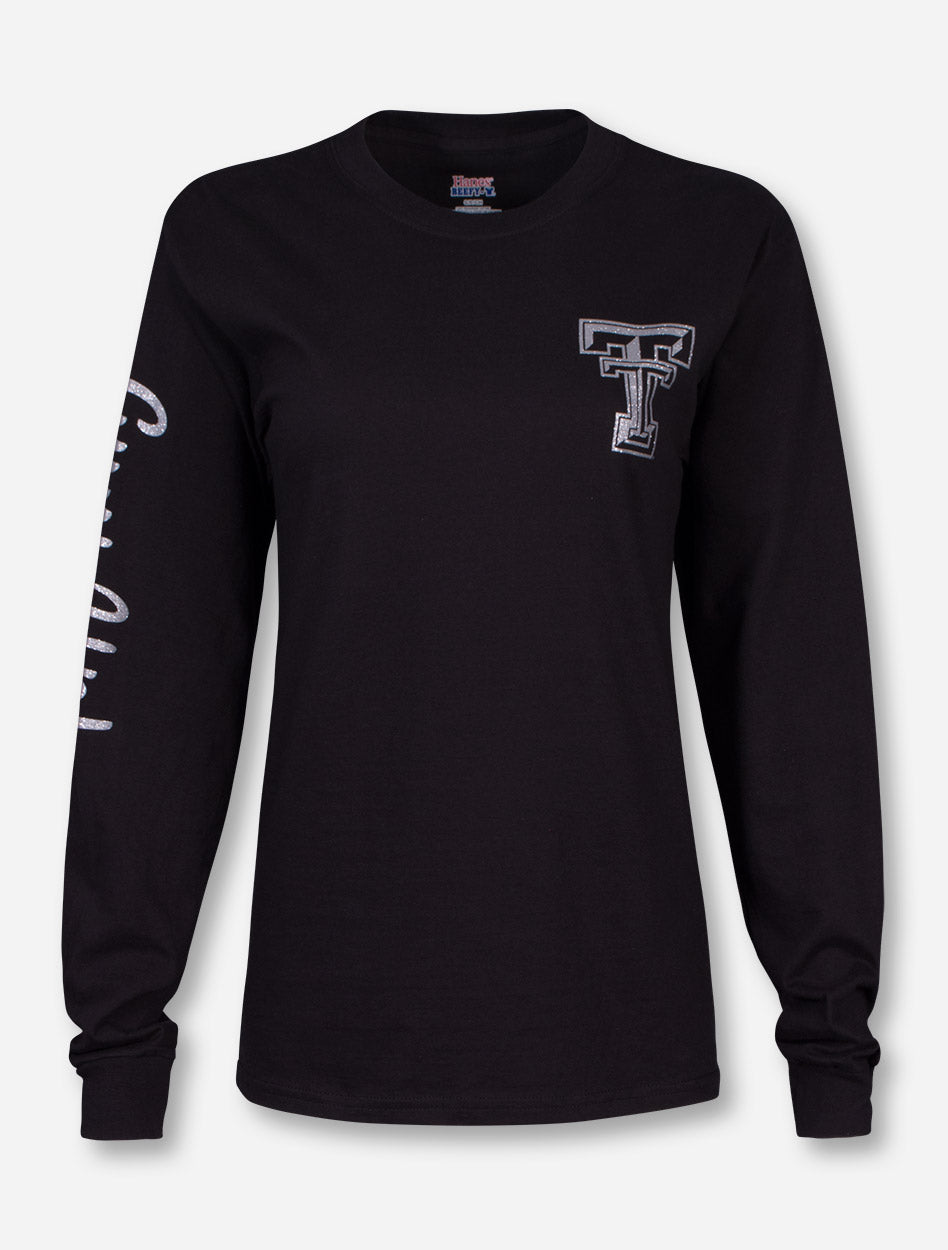 Texas Tech Raider Red in Silver Glitter on Black Long Sleeve