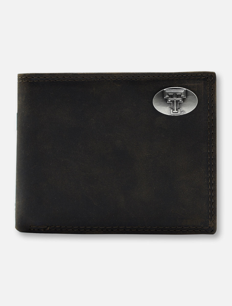 Texas Tech Double T Emblem on "Crazy Horse" Bi-Fold Brown Leather Wallet