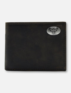 Texas Tech Double T Emblem on "Crazy Horse" Bi-Fold Brown Leather Wallet