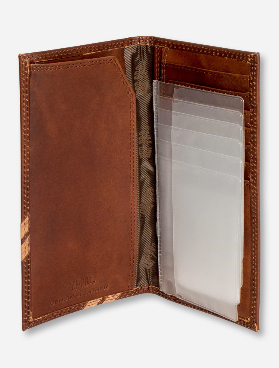 Texas Tech Embossed Double T on Tall Brown Leather Wallet