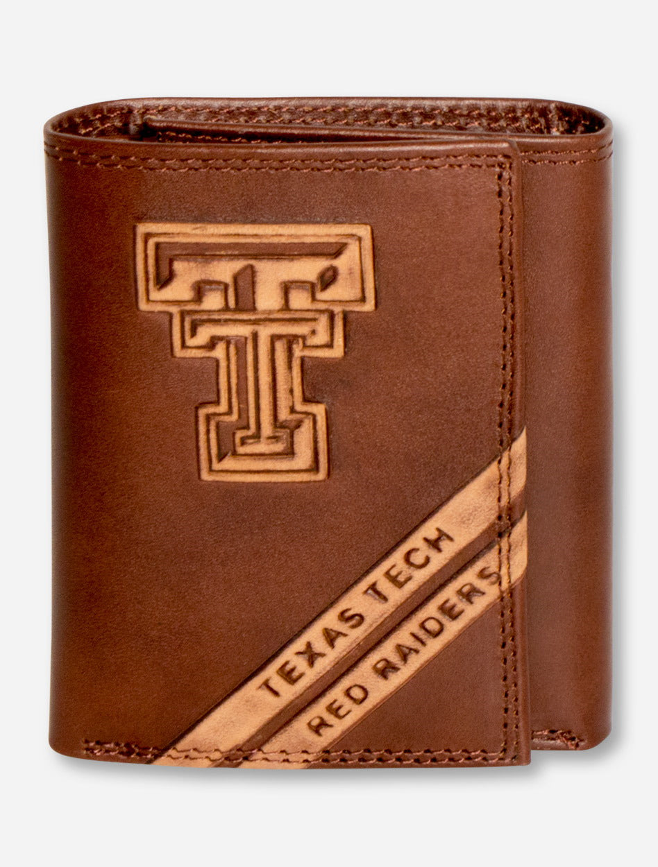 Texas Tech Embossed Double T on Trifold Brown Leather Wallet