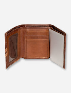 Texas Tech Embossed Double T on Trifold Brown Leather Wallet