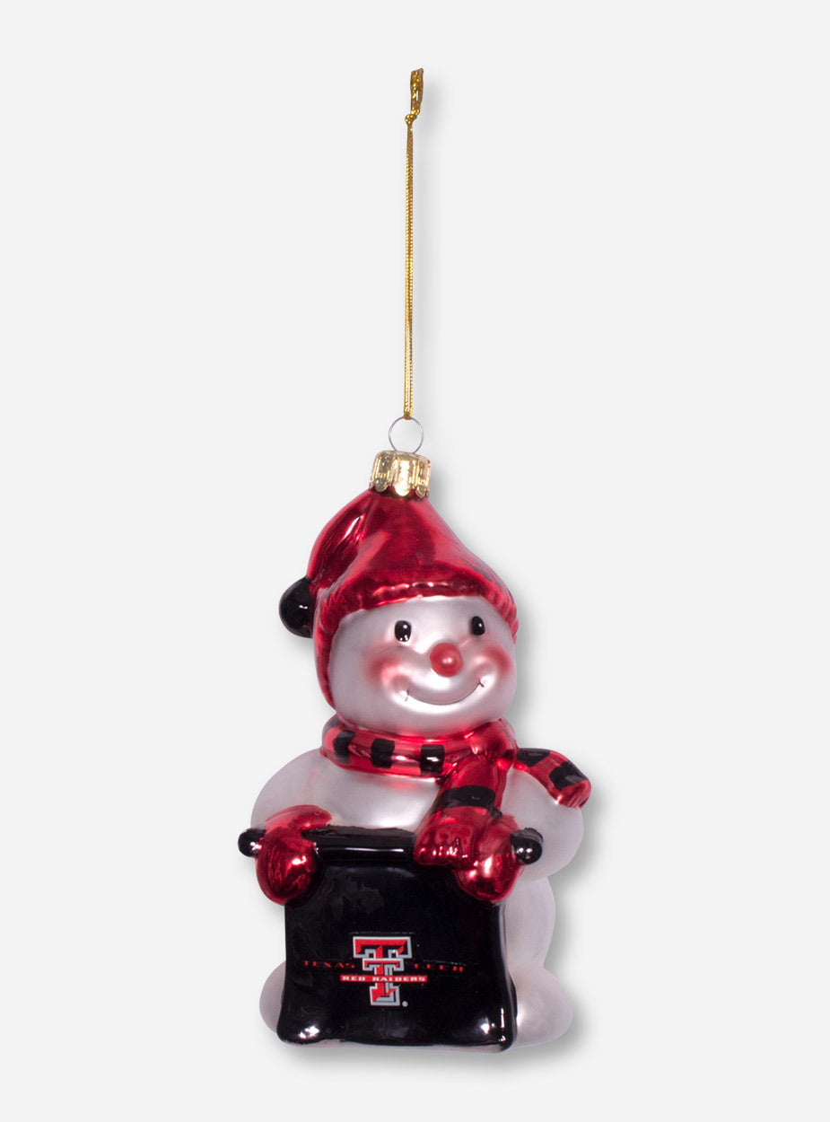 Snowman with Texas Tech Sign Glass Ornament