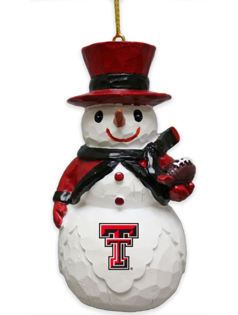Texas Tech Snowman with Top Hat Holding a Football Ornament
